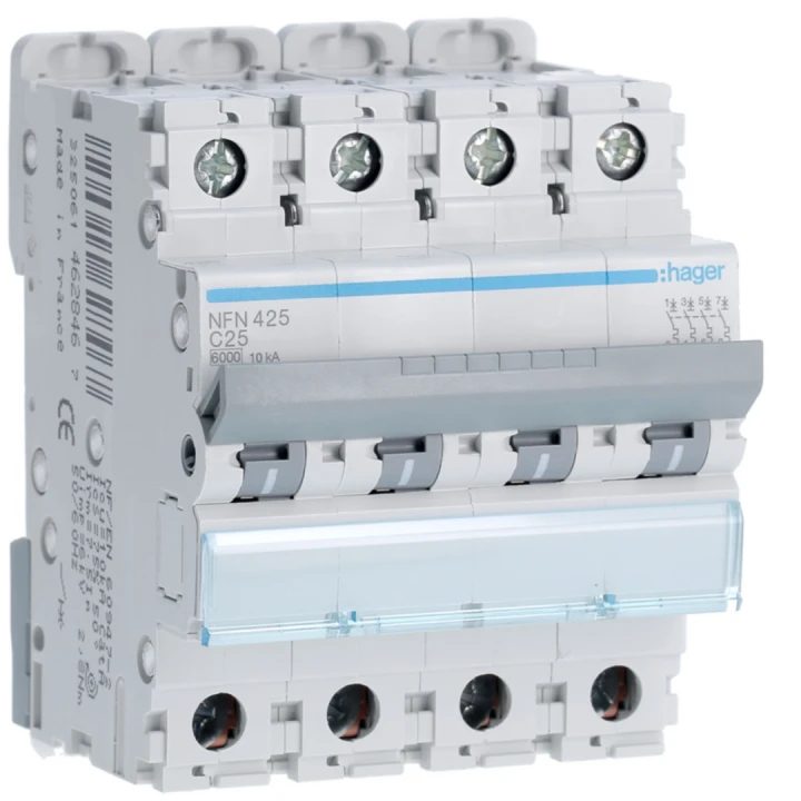 Disjoncteur 25A 4P 6-10kA Courbe C 4modules