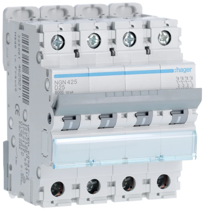 Disjoncteur 25A 4P 6-10kA Courbe D 4modules