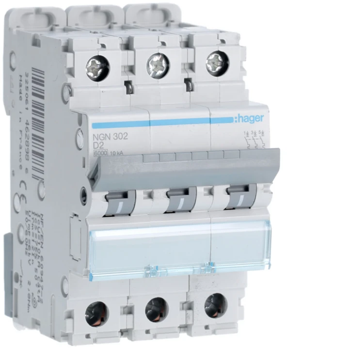 Disjoncteur 2A 3P 6-10kA Courbe D 3modules