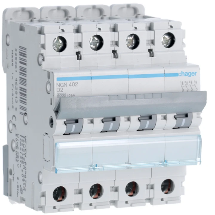 Disjoncteur 2A 4P 6-10kA Courbe D 4modules