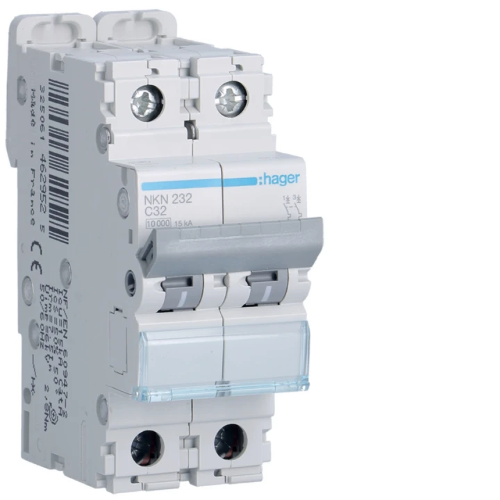 Disjoncteur 32A 2P 10-15kA Courbe C 2modules