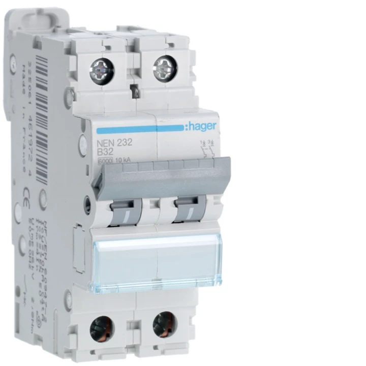 Disjoncteur 32A 2P 6-10kA Courbe B 2modules