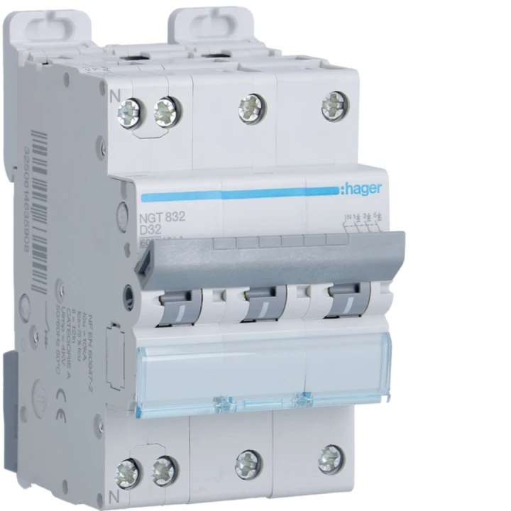 Disjoncteur 32A 3P+N 6-10kA Courbe D 3module