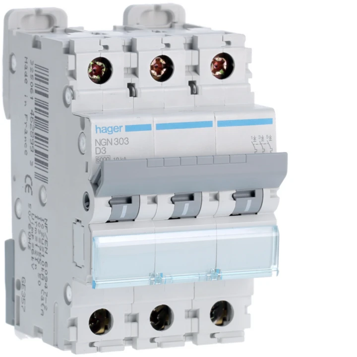 Disjoncteur 3A 3P 6-10kA Courbe D 3modules