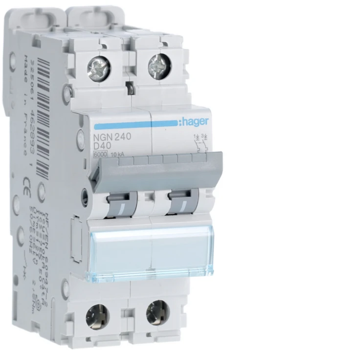 Disjoncteur 40A 2P 6-10kA Courbe D 2modules