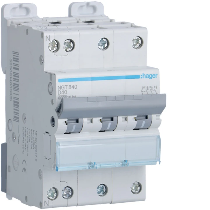 Disjoncteur 40A 3P+N 6-10kA Courbe D 3module