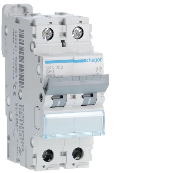 Disjoncteur 50A 2P 10-15kA Courbe C 2modules