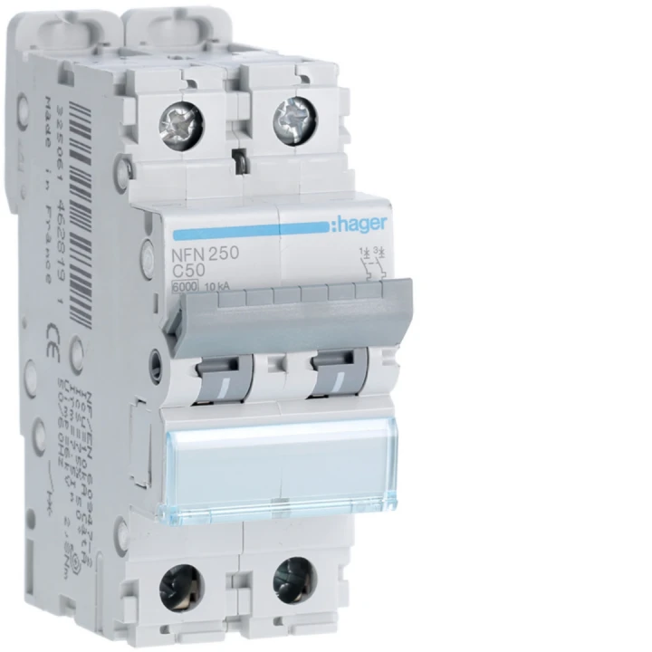 Disjoncteur 50A 2P 6-10kA Courbe C 2modules