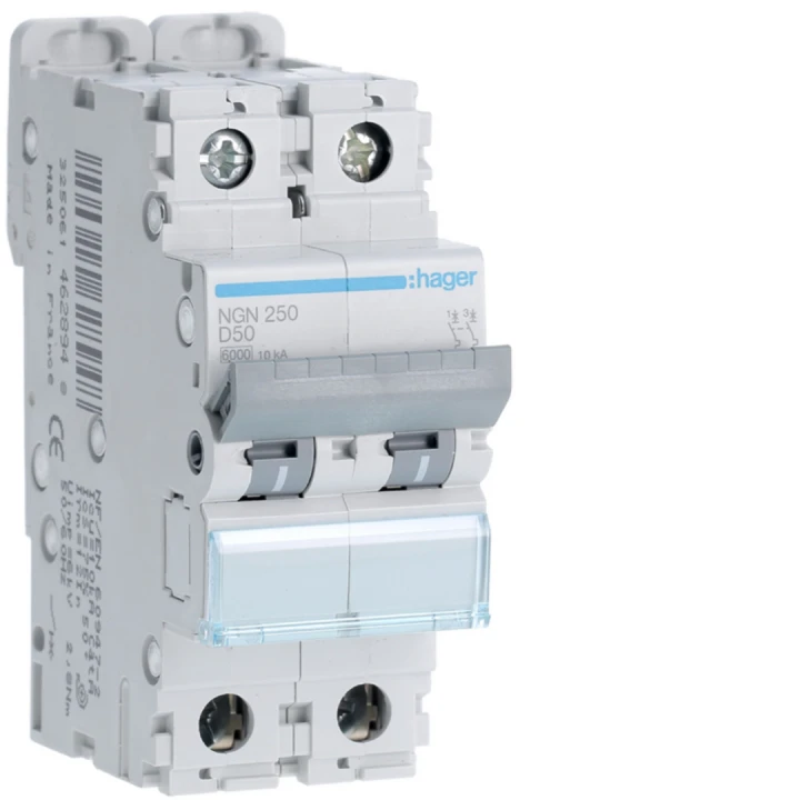 Disjoncteur 50A 2P 6-10kA Courbe D 2modules