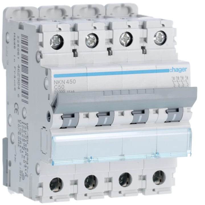 Disjoncteur 50A 4P 10-15kA Courbe C 4modules