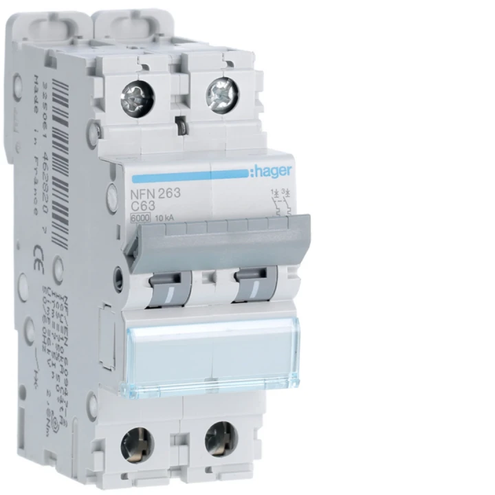 Disjoncteur 63A 2P 6-10kA Courbe C 2modules