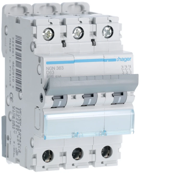 Disjoncteur 63A 3P 6-10kA Courbe D 3modules