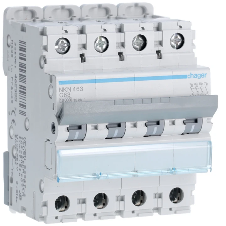 Disjoncteur 63A 4P 10-15kA Courbe C 4modules