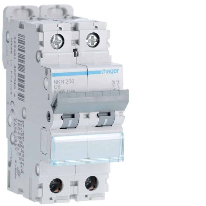 Disjoncteur 6A 2P 10-15kA Courbe C 2modules