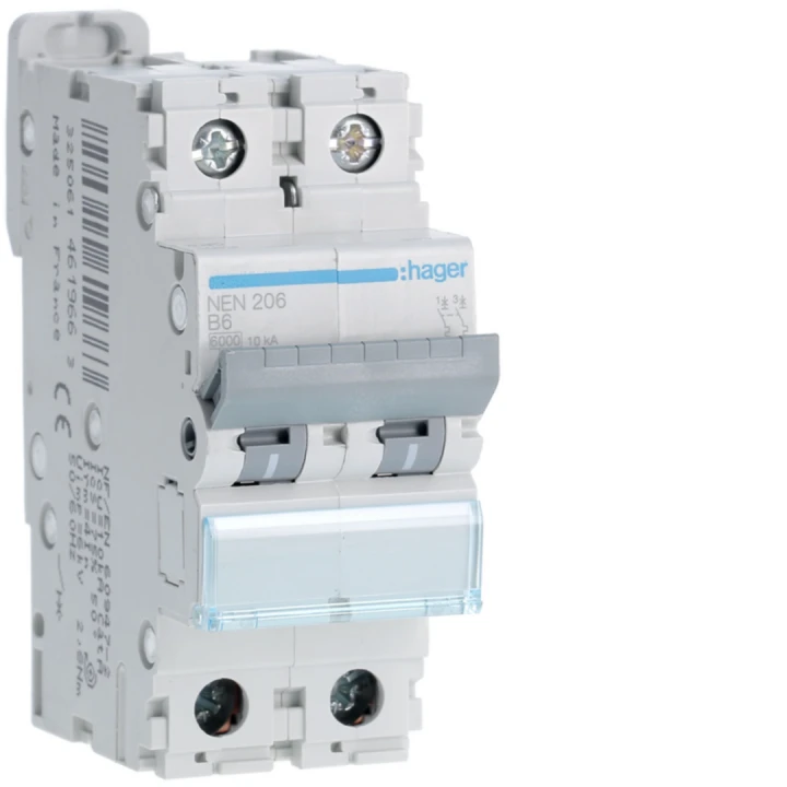 Disjoncteur 6A 2P 6-10kA Courbe B 2modules