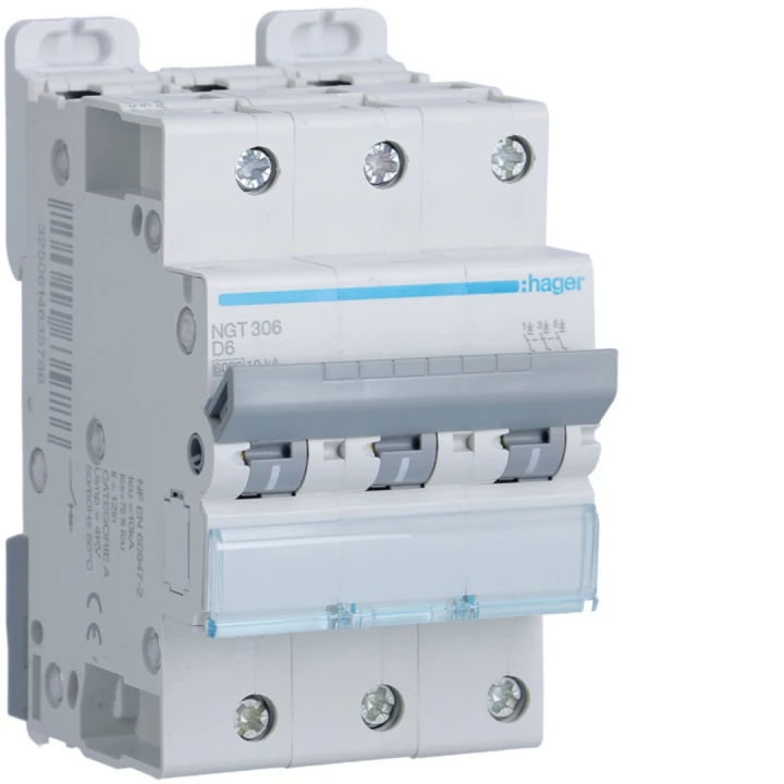 Disjoncteur 6A 3P 6-10kA Courbe D 3module