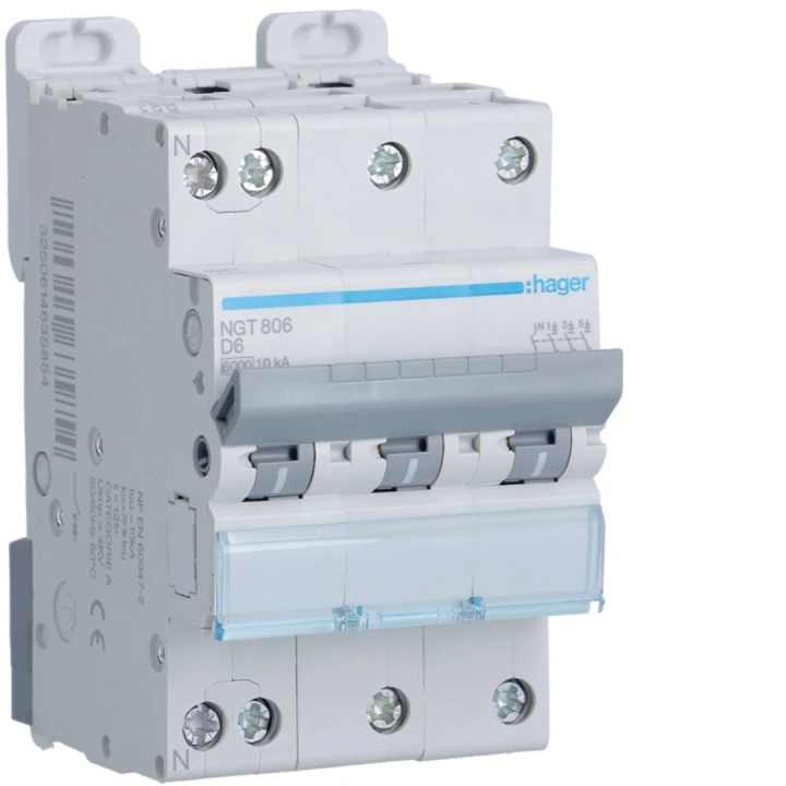 Disjoncteur 6A 3P+N 6-10kA Courbe D 3module