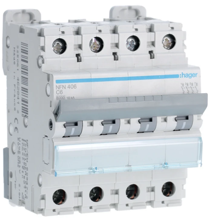 Disjoncteur 6A 4P 6-10kA Courbe C 4modules