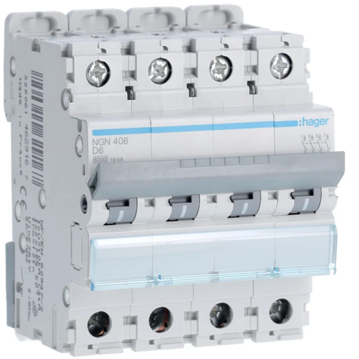 Disjoncteur 6A 4P 6-10kA Courbe D 4modules