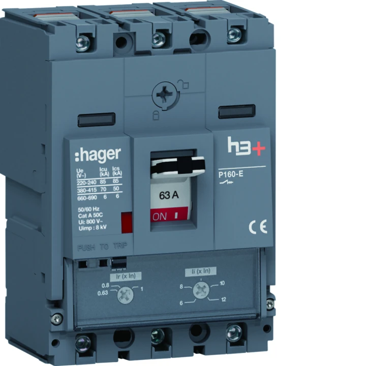 Disjoncteur Boitier Moulé h3+ P160 TM A/A 3P3D  In63A Icu70kA à cage