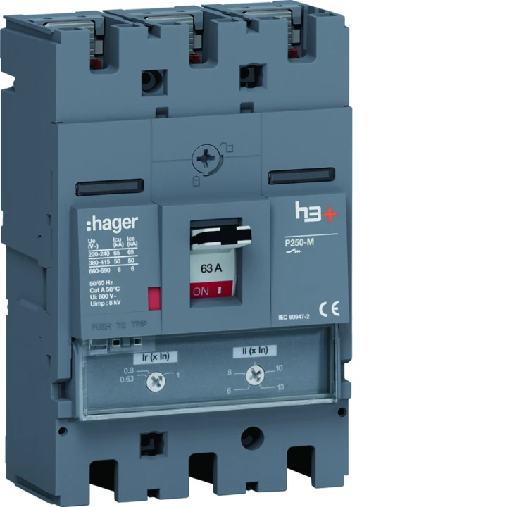 Disjoncteur Boitier Moulé h3+ P250 TM A/A 3P3D  In63A Icu50kA à plage