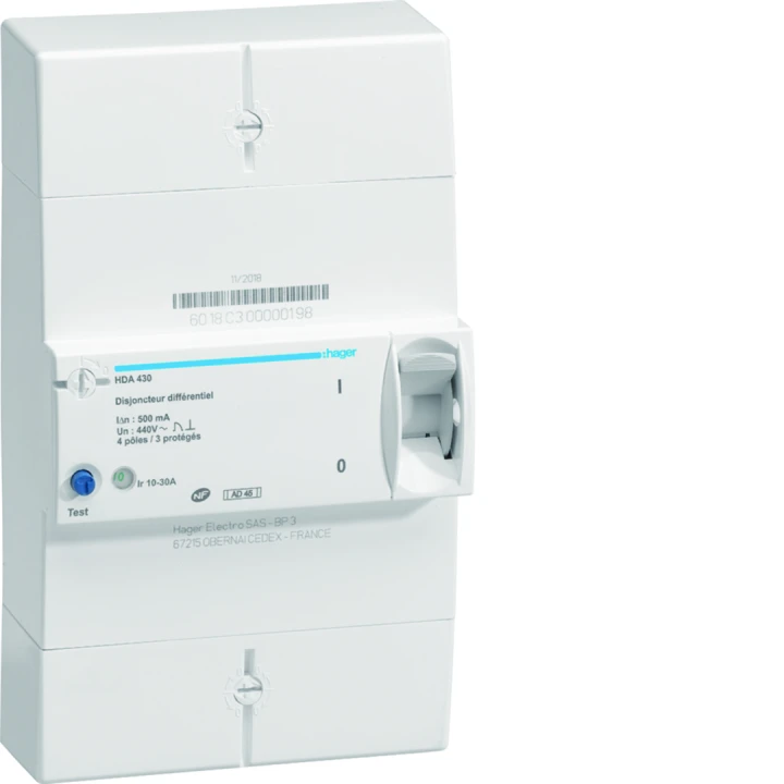 Disjoncteur de branchement différentiel 4P 10/30A 500mA instantané