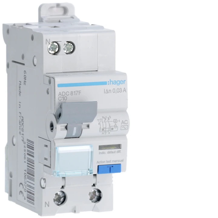 Disjoncteur différentiel 10A 1P+N 4,5kA Courbe C 30mA type AC 60Hz 2 modules