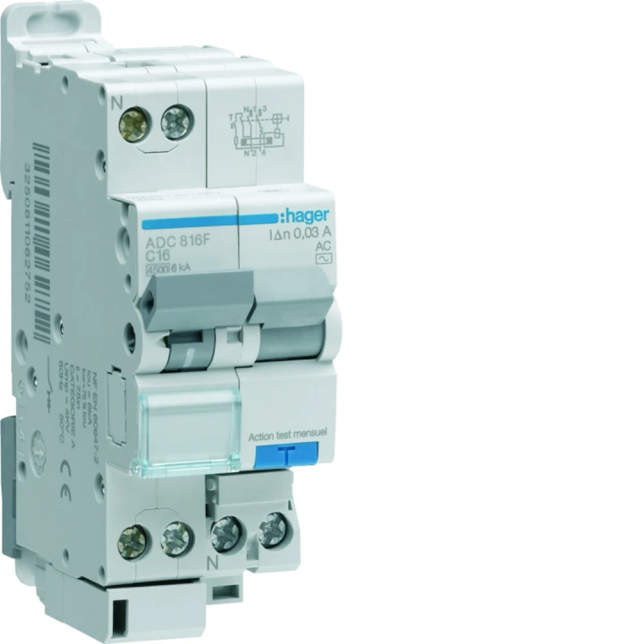 Disjoncteur différentiel 16A 1P+N 4,5-6kA Courbe C 30mA type AC 2 modules