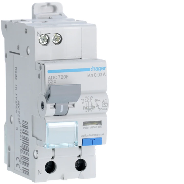 Disjoncteur différentiel 1P+N 3kA C-20A 30mA type AC