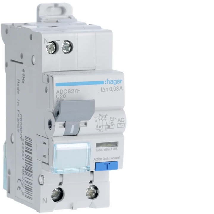 Disjoncteur différentiel 20A 1P+N 4,5kA Courbe C 30mA type AC 60Hz 2 modules