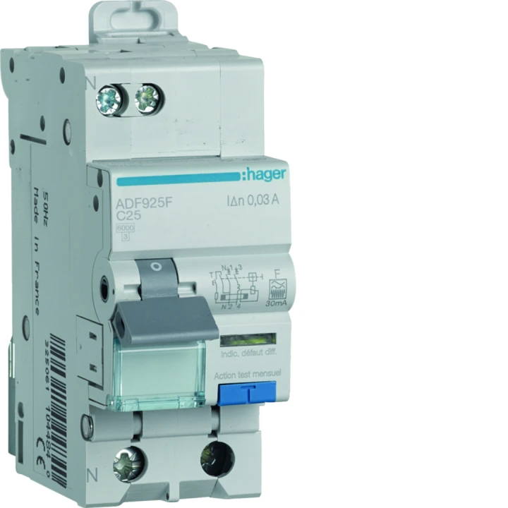 Disjoncteur différentiel 25A 1P+N 6kA Courbe C 30mA type F 2modules