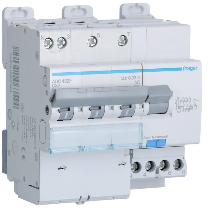 Disjoncteur différentiel 32A 3P+N 6-10kA Courbe C 30mA type AC 5 modules