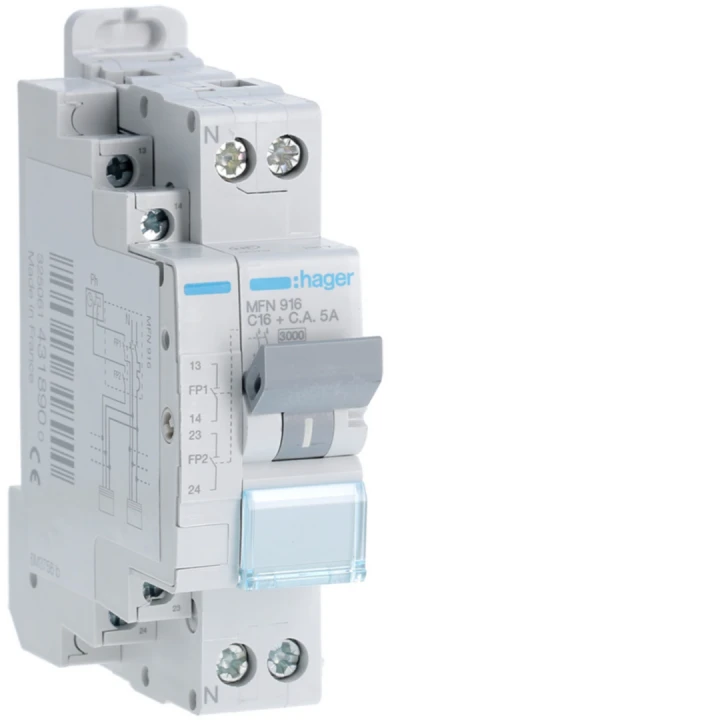 Disjoncteur fil pilote Phase + Neutre 16A 3kA Courbe C bornes à vis 1,50 Modules