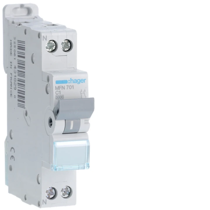Disjoncteur Phase + Neutre 1A 3kA Courbe C bornes à vis 1 Module