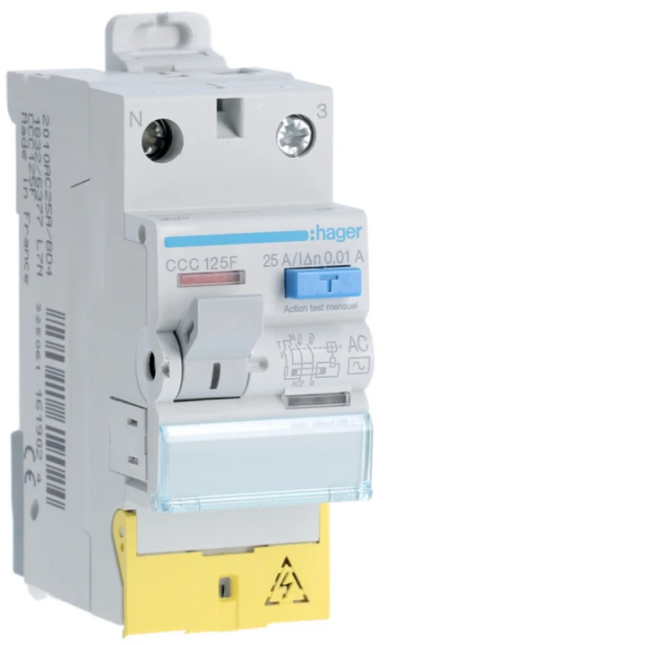 Interrupteur différentiel 25A 10mA 1P+N type AC à bornes décalées