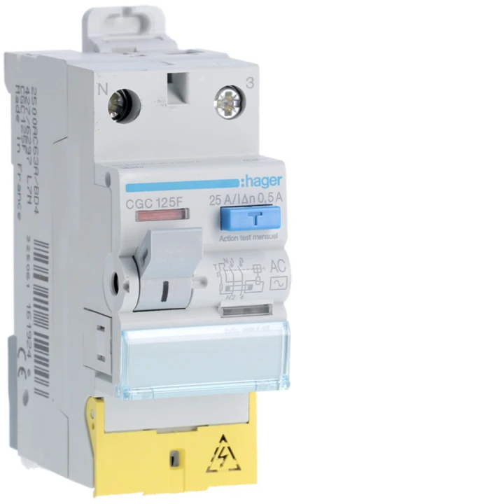Interrupteur différentiel 25A 500mA 1P+N type AC à bornes décalées