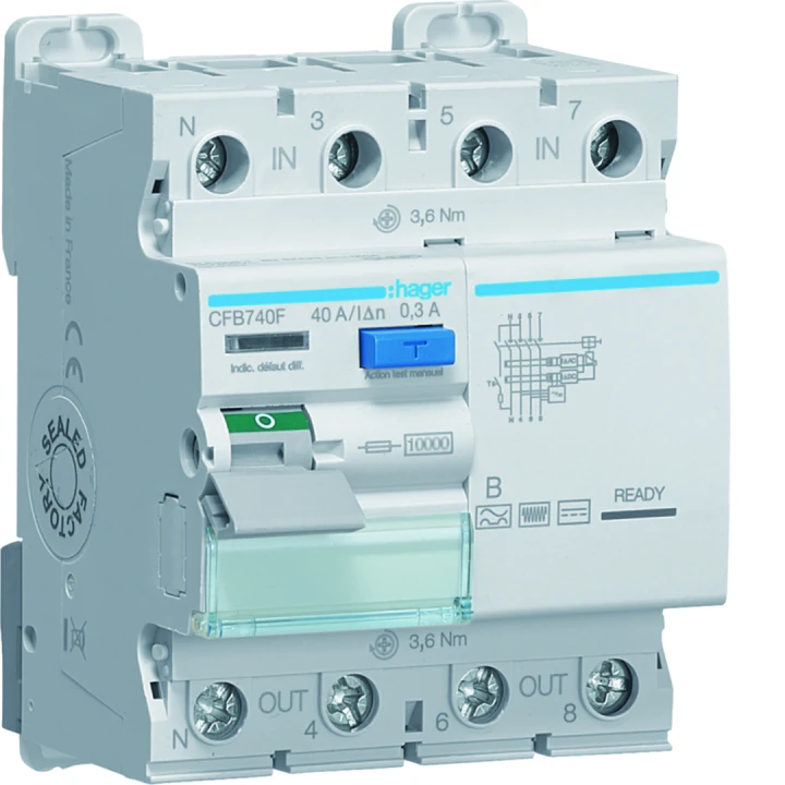 Interrupteur différentiel 40A 300mA 3P+N type B à bornes alignées