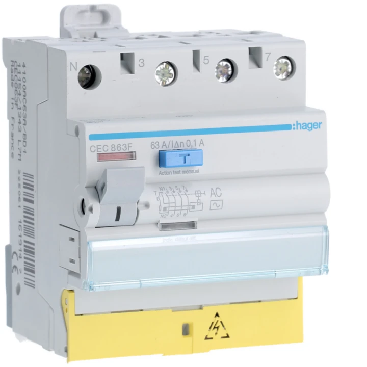 Interrupteur différentiel 63A 100mA 3P+N type AC à bornes décalées