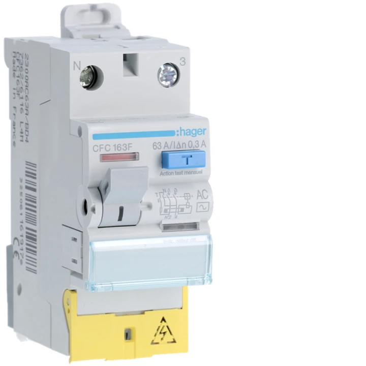 Interrupteur différentiel 63A 300mA 1P+N type AC à bornes décalées