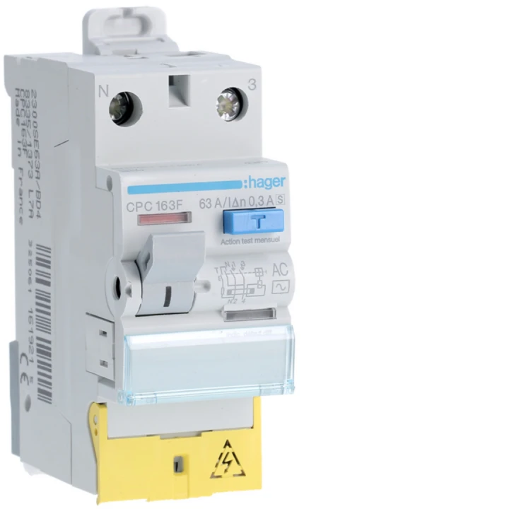 Interrupteur différentiel 63A 300mA 1P+N type AC SEL à bornes décalées