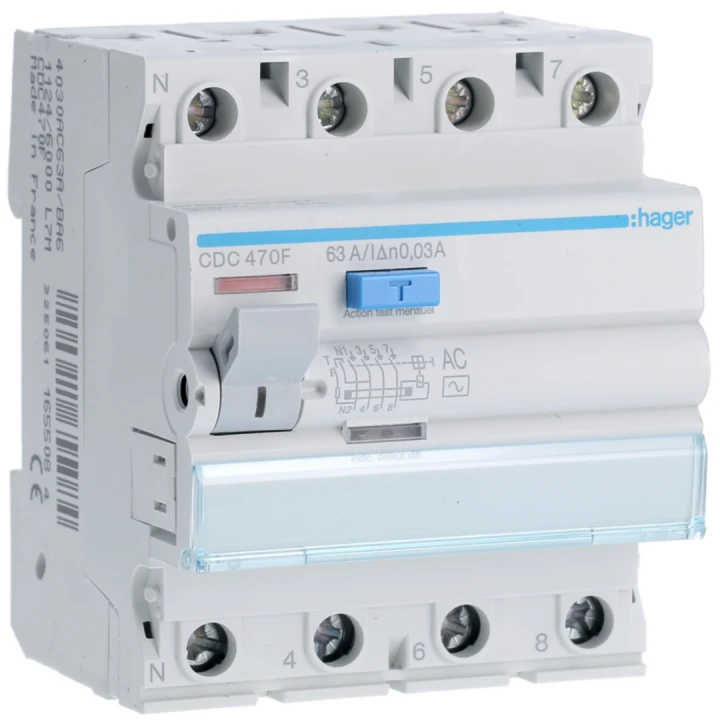 Interrupteur différentiel 63A 300mA 3P+N type AC 60Hz à bornes alignées