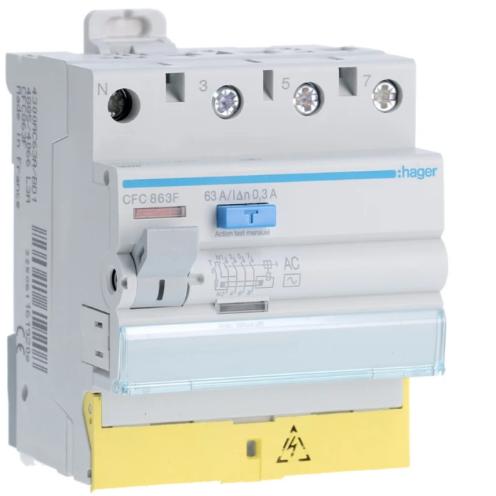Interrupteur différentiel 63A 300mA 3P+N type AC à bornes décalées