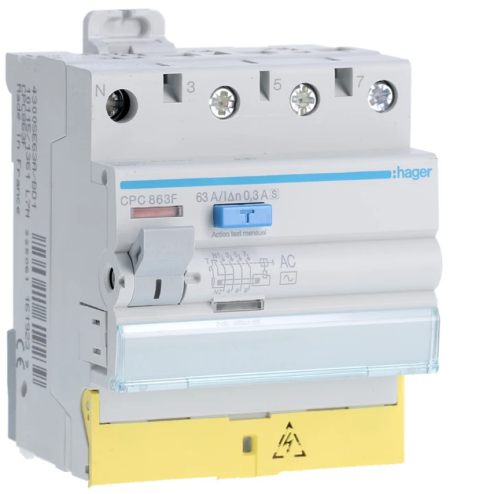 Interrupteur différentiel 63A 300mA 3P+N type AC SEL à bornes décalées