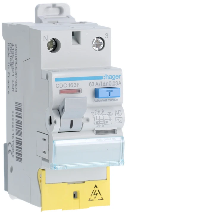 Interrupteur différentiel 63A 30mA 1P+N type AC à bornes décalées