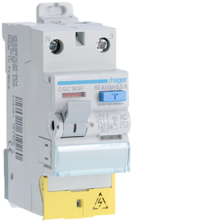 Interrupteur différentiel 63A 500mA 1P+N type AC à bornes décalées