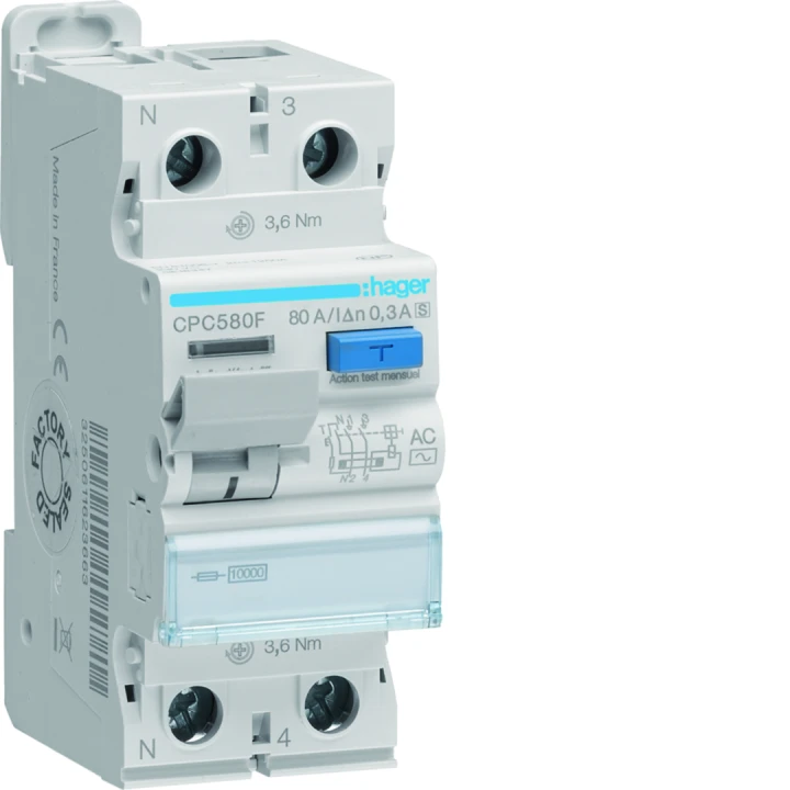 Interrupteur différentiel 80A 300mA 1P+N type AC SEL à bornes décalées