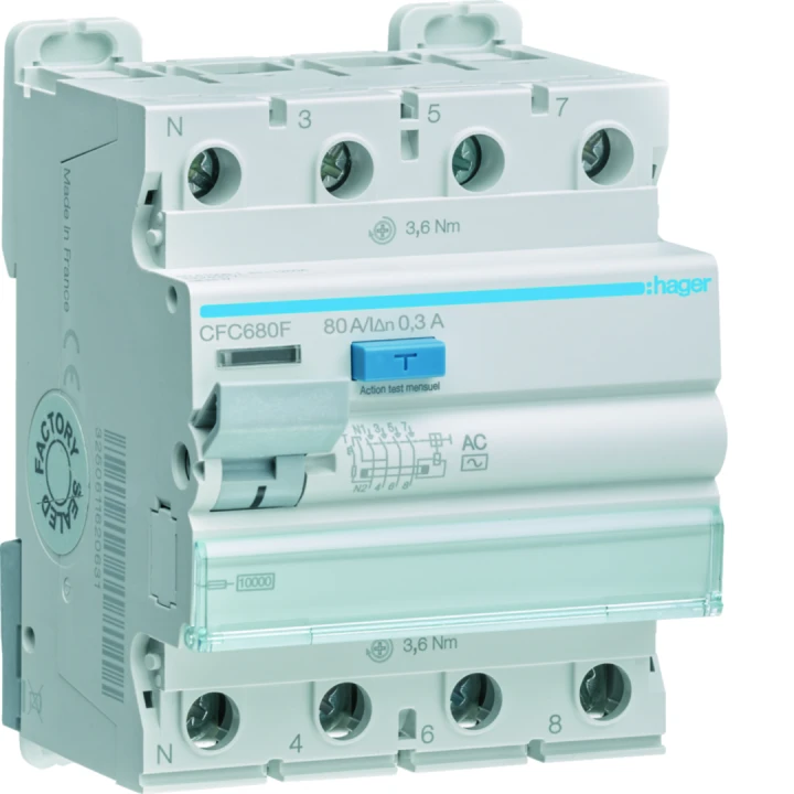 Interrupteur différentiel 80A 300mA 3P+N type AC à bornes alignées