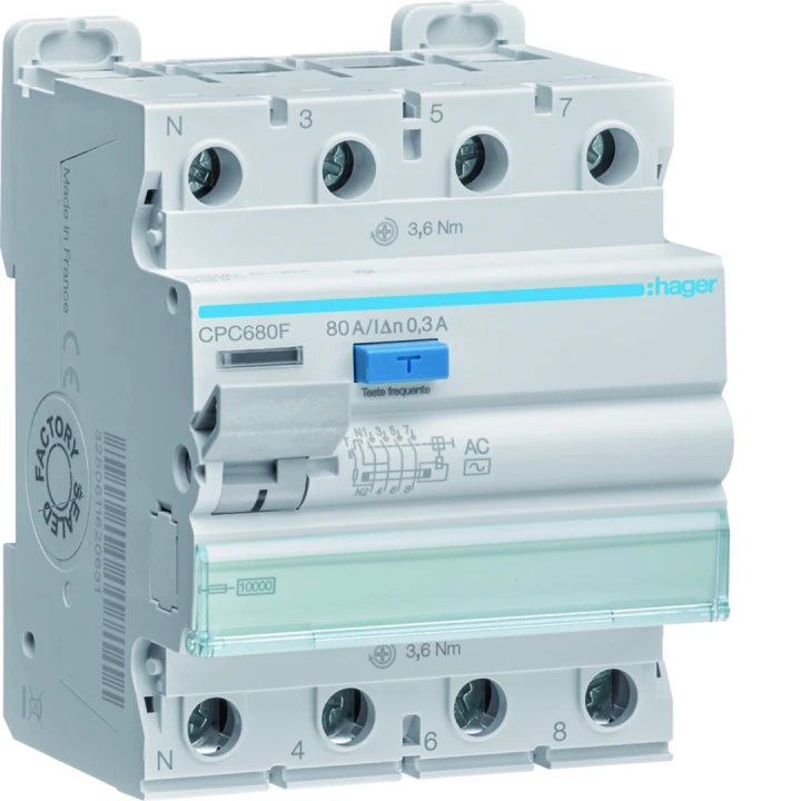 Interrupteur différentiel 80A 300mA 3P+N type AC SEL à bornes décalées