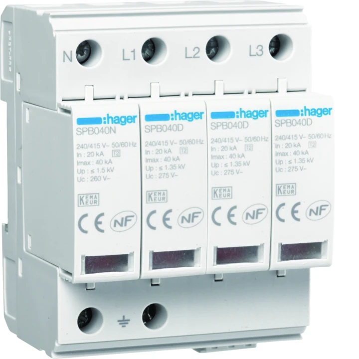 Parafoudre de type 2 Imax 40kA 4P 4modules avec auxiliaire de contact