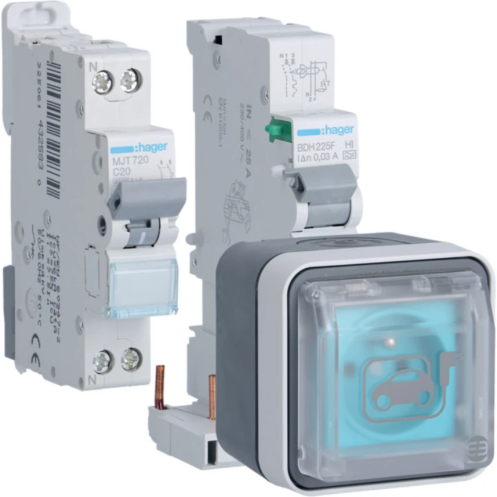 Prise witty, IP55, 3,7KW, 2P+T, Mode 2 + disjoncteur, pour véhicules électriques
